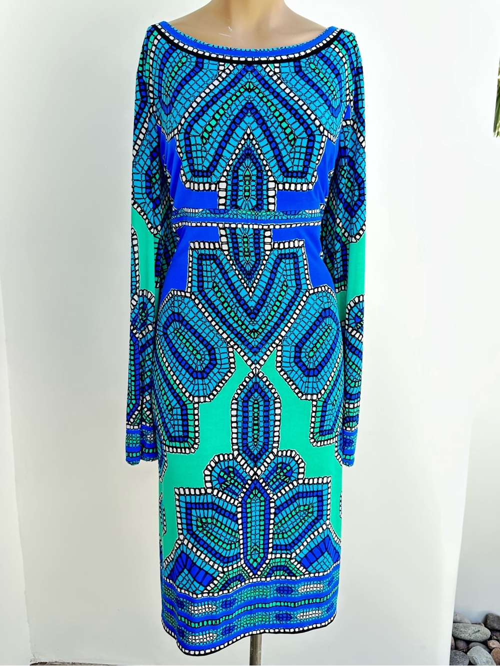 Jones Wear Blue & Teal Geometric Print Long Sleeve Dress